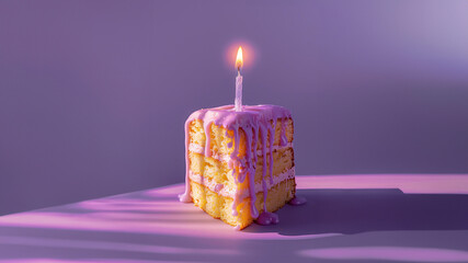 a piece of sponge cake with icing and one candle on a lilac background. 