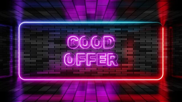 Neon sign good offer in speech bubble frame on brick wall background 3d render. Light banner on wall background. Good offer loop good deal, design template, neon signboard