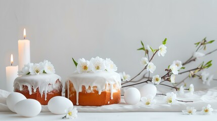Easter celebration with traditional cake, white eggs, and lit candles. a serene holiday table setting. spring freshness captured in homely scene. AI