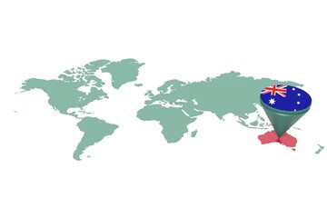 Mappa Terra con  evidenziato la nazione Australia e segnaposto colorato con colori della bandiera © albasu