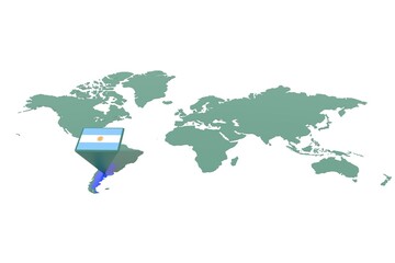 Mappa Terra con  evidenziato la nazione Argentina e segnaposto colorato con colori della bandiera © albasu