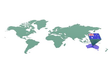 Mappa Terra con  evidenziato la nazione Australia e segnaposto colorato con colori della bandiera © albasu