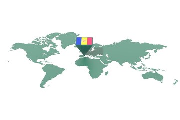 Mappa Terra con  evidenziato la nazione Andorra e segnaposto colorato con colori della bandiera © albasu