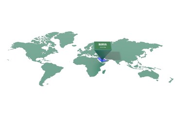 Mappa Terra con  evidenziato la nazione Arabia Saudita e segnaposto colorato con colori della bandiera