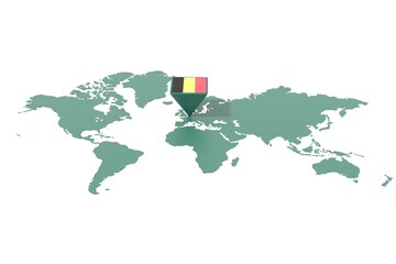 Mappa Terra con  evidenziato la nazione Belgio e segnaposto colorato con colori della bandiera © albasu