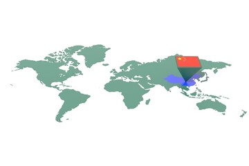 Mappa Terra con  evidenziato la nazione Cina e segnaposto colorato con colori della bandiera © albasu