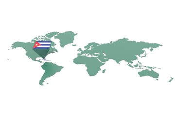 Mappa Terra con  evidenziato la nazione Cuba e segnaposto colorato con colori della bandiera © albasu