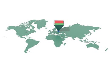 Mappa Terra con  evidenziato la nazione Bielorussia e segnaposto colorato con colori della bandiera © albasu
