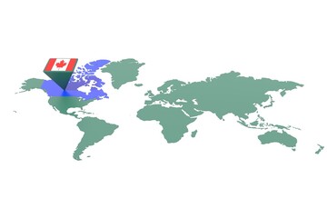 Mappa Terra con  evidenziato la nazione Canada e segnaposto colorato con colori della bandiera © albasu