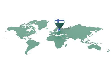 Mappa Terra con  evidenziato la nazione Finlandia e segnaposto colorato con colori della bandiera © albasu
