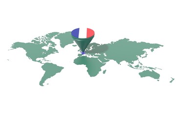 Mappa Terra con  evidenziato la nazione Francia e segnaposto colorato con colori della bandiera © albasu