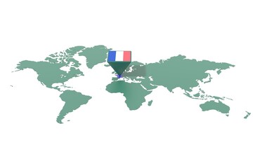 Mappa Terra con  evidenziato la nazione Francia e segnaposto colorato con colori della bandiera © albasu