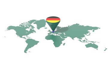 Mappa Terra con  evidenziato la nazione Germania e segnaposto colorato con colori della bandiera © albasu