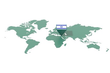 Mappa Terra con  evidenziato la nazione Israele e segnaposto colorato con colori della bandiera © albasu