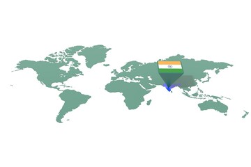 Mappa Terra con  evidenziato la nazione India e segnaposto colorato con colori della bandiera © albasu