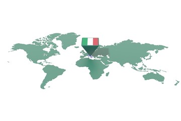Mappa Terra con  evidenziato la nazione Italia e segnaposto colorato con colori della bandiera © albasu