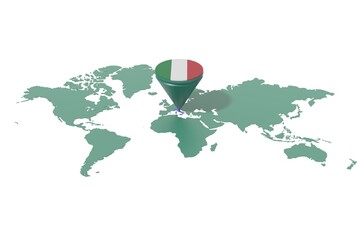 Mappa Terra con  evidenziato la nazione Italia e segnaposto colorato con colori della bandiera © albasu