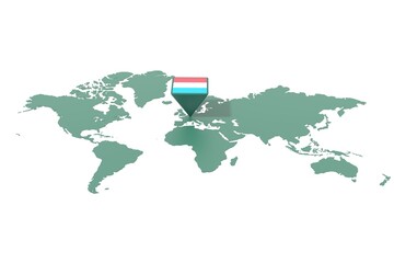Mappa Terra con  evidenziato la nazione Lussemburgo e segnaposto colorato con colori della bandiera © albasu
