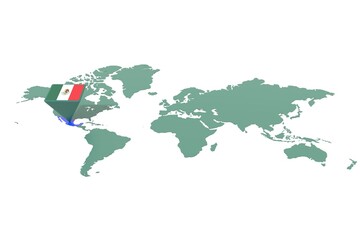 Mappa Terra con  evidenziato la nazione Messico e segnaposto colorato con colori della bandiera