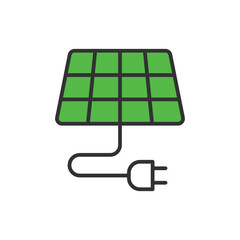 Solar panel connecting icon in line design green. Solar, panel, connecting, connection, wire, energy, electricity isolated on white background vector. Solar panel connecting editable stroke icon.