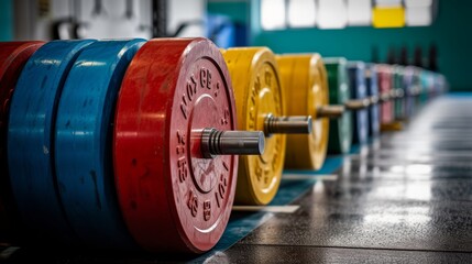 a stack of colored weight plates 
