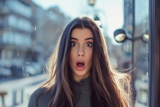 hipster woman, going crazy, long hair woman in modern clothings looking for discounts and sales, surprised face