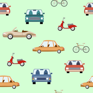 Seamless Pattern with Cars. Transportation Background. Seamless pattern with cute color cars, bicycle and motorcycle. Vector illustration with repeated ornament of city transport.