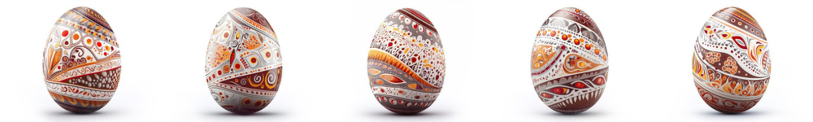 Colorfully decorated Easter eggs with patterns displayed and folk patterns in red-yellow-white-gray colors, isolate on a white background