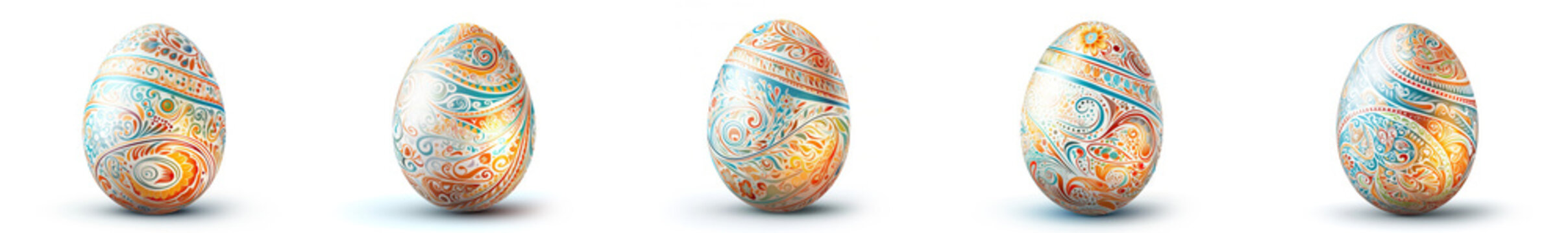 Colorfully decorated Easter eggs with patterns displayed and folk patterns in red, yellow and blue colors, isolate on a white background
