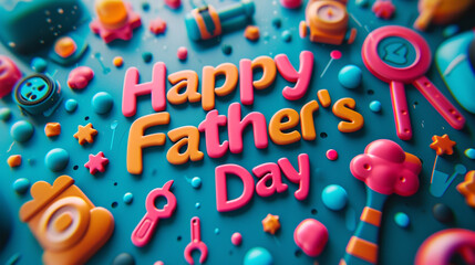 A playful card with cartoon illustrations of tools and gadgets surrounding the message "Happy Father's Day" in colorful bubble letters.