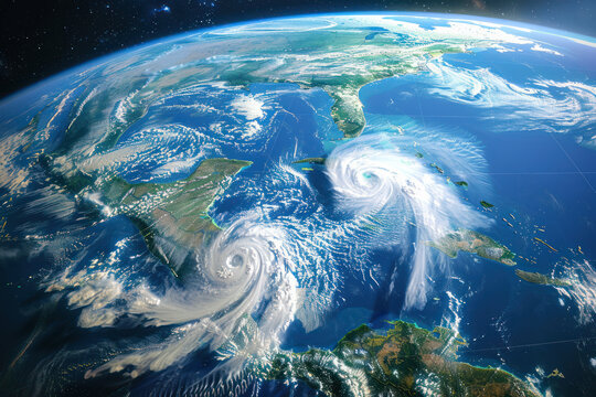 Composite image from NASA and 3D software. A hurricane storm batters the east coast of America near Florida. Satellite weather view of the planet Earth. Nice background