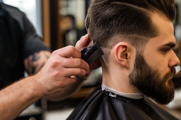 Barber cutting a handsome dark-haired man