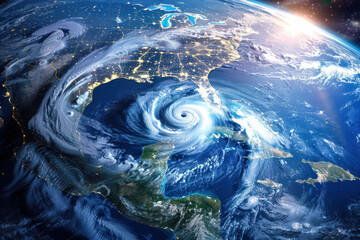 Composite image from NASA and 3D software. A hurricane storm batters the east coast of America near Florida. Satellite weather view of the planet Earth. Nice background