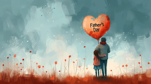 A realistic drawing of a father and his child hugging with "Happy Father’s Day" written on a heart-shaped balloon.