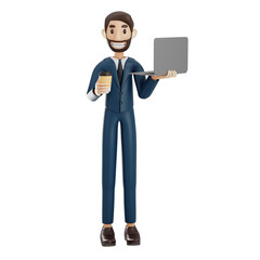 high-quality 3D illustration of a businessman character suitable for use on websites, apps, or similar purposes. The illustration features a handsome man in a dark blue suit.