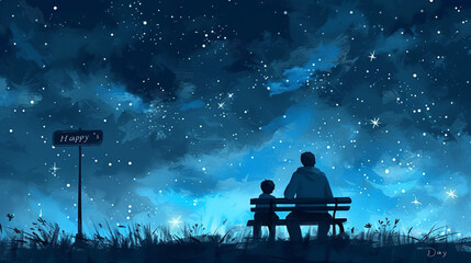 A sketch of a father and his child sitting on a bench and looking at the stars with "Happy Father’s Day" written in the night sky.