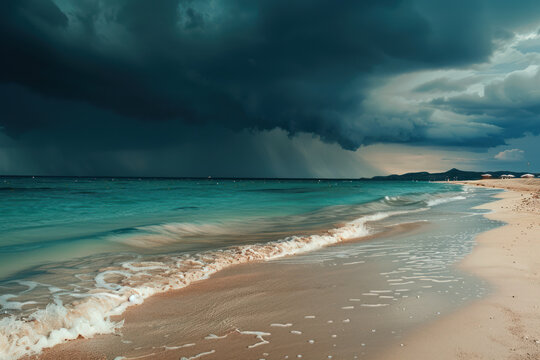 Stormy weather with rain on the beach. Before a powerful storm