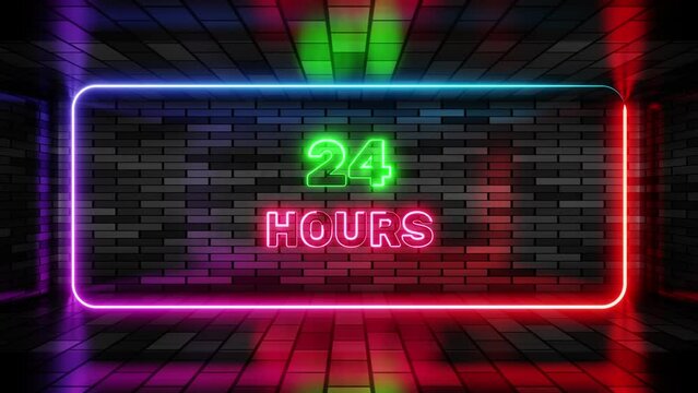 Neon sign 24 hours open in speech bubble frame on brick wall background 3d render. Light banner on the wall background. Overnight loop open all day convenience, design template, night neon signboard