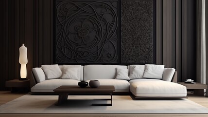 A contemporary interior concept showcasing a sleek sofa, a minimalist table, and a wall featuring intricate patterns, adding character to the space.