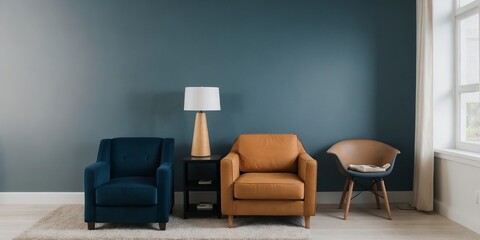 Minimalistic living room with an armchair, lamp, and empty blue wall with copy space.