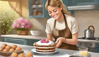 Donna bionda sorridente che cucina una torta in una cucina moderna. AI generate
