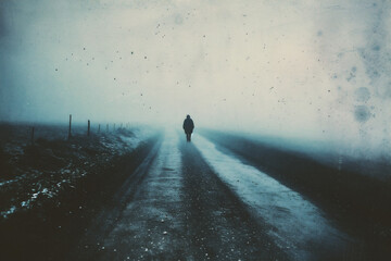Man walking on a country road in foggy day. Grunge effect. - obrazy, fototapety, plakaty