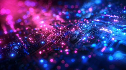 Abstract futuristic background in blue and purple colors. Digital technology, the future of innovative communications. Abstract microcircuits and processors. Bokeh effect. AI generative
