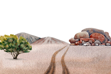Outback landscape composition with sandy desert road, tree, hills, rock. Card design for touring, exploring, travel, camping. Copy space template. Watercolor illustration on transparent background