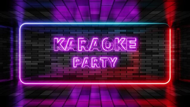 Neon sign karaoke party in speech bubble frame on brick wall background 3d render. Light banner on wall background. Karaoke party loop weekend getaway, design template, neon signboard