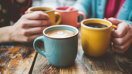 Obraz premium Close up of coffee cups on a table with hands holding it