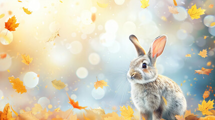 Fototapeta na wymiar Plush rabbit toy cartoon autumn leaves background.