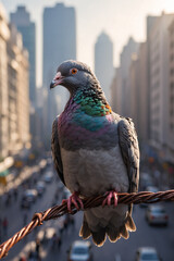 A pigeon is sitting on a wire above a city street