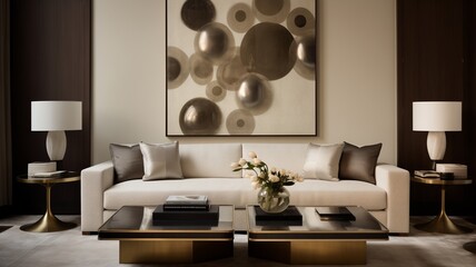 A contemporary living space featuring a linen sofa, a sleek metal table, and a wall adorned with an abstract art installation composed of metallic discs.