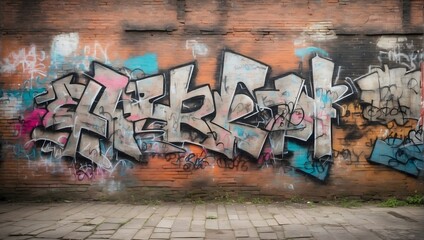 Weathered brick wall covered in graffiti, faded paint, and cracks, creating a gritty urban backdrop, high-resolution, detailed. generative AI
